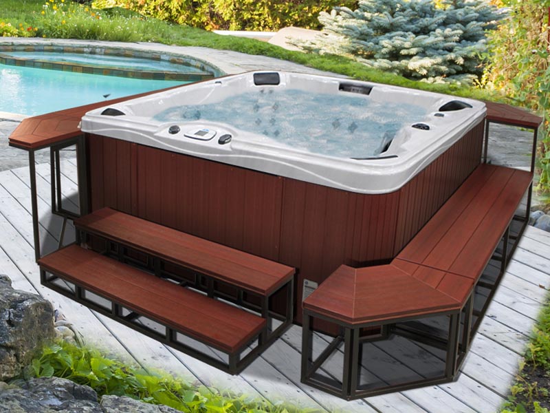 hot tub with side and corner benches, side and corner bars, and steps