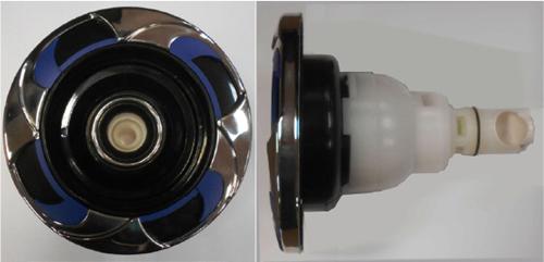 Quick Spa Parts - Hot Tub Jet Insert (3D) 3" Velocity Int Dir Stainless Escutcheon, Blue Insert, Black Flange,  Black Eyeball with Stainless Nozzle Ring (29930-112-400)